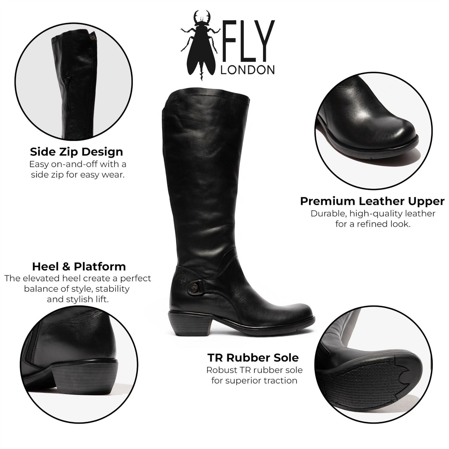 Fly London Womens Black Leather High Heeled Riding Long Boots - MISTRY
