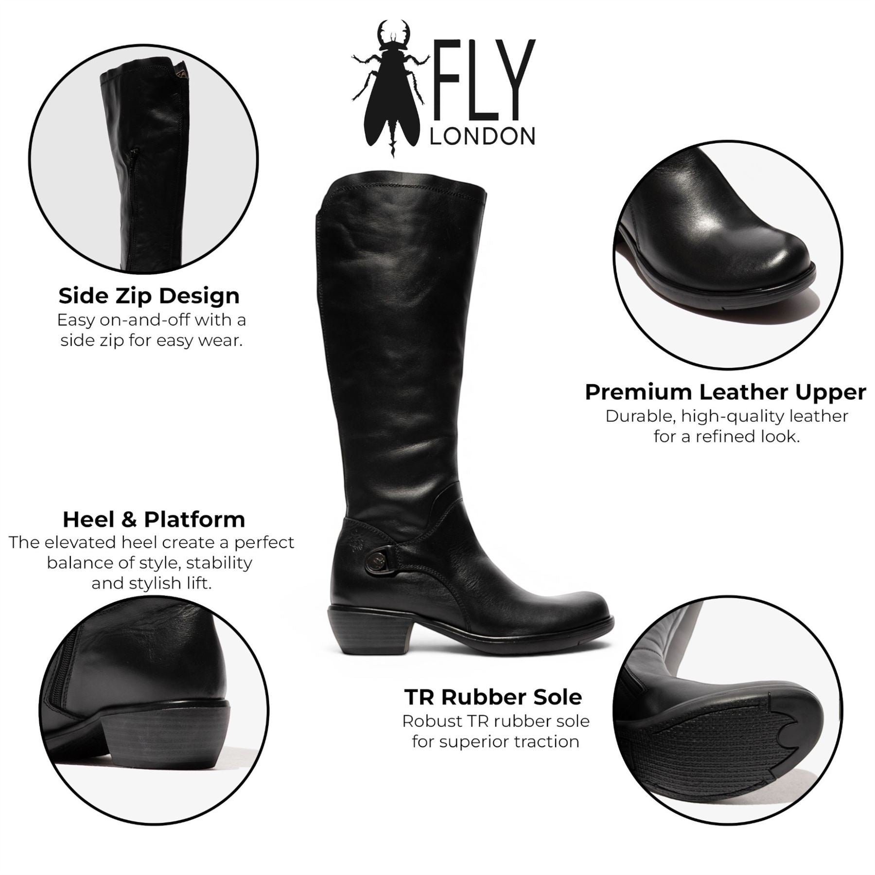 Fly London Womens Black Leather High Heeled Riding Long Boots - MISTRY