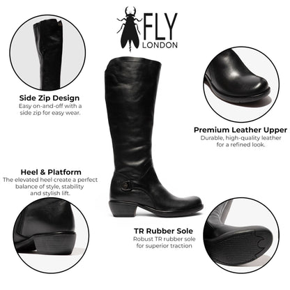 Fly London Womens Black Leather High Heeled Riding Long Boots - MISTRY