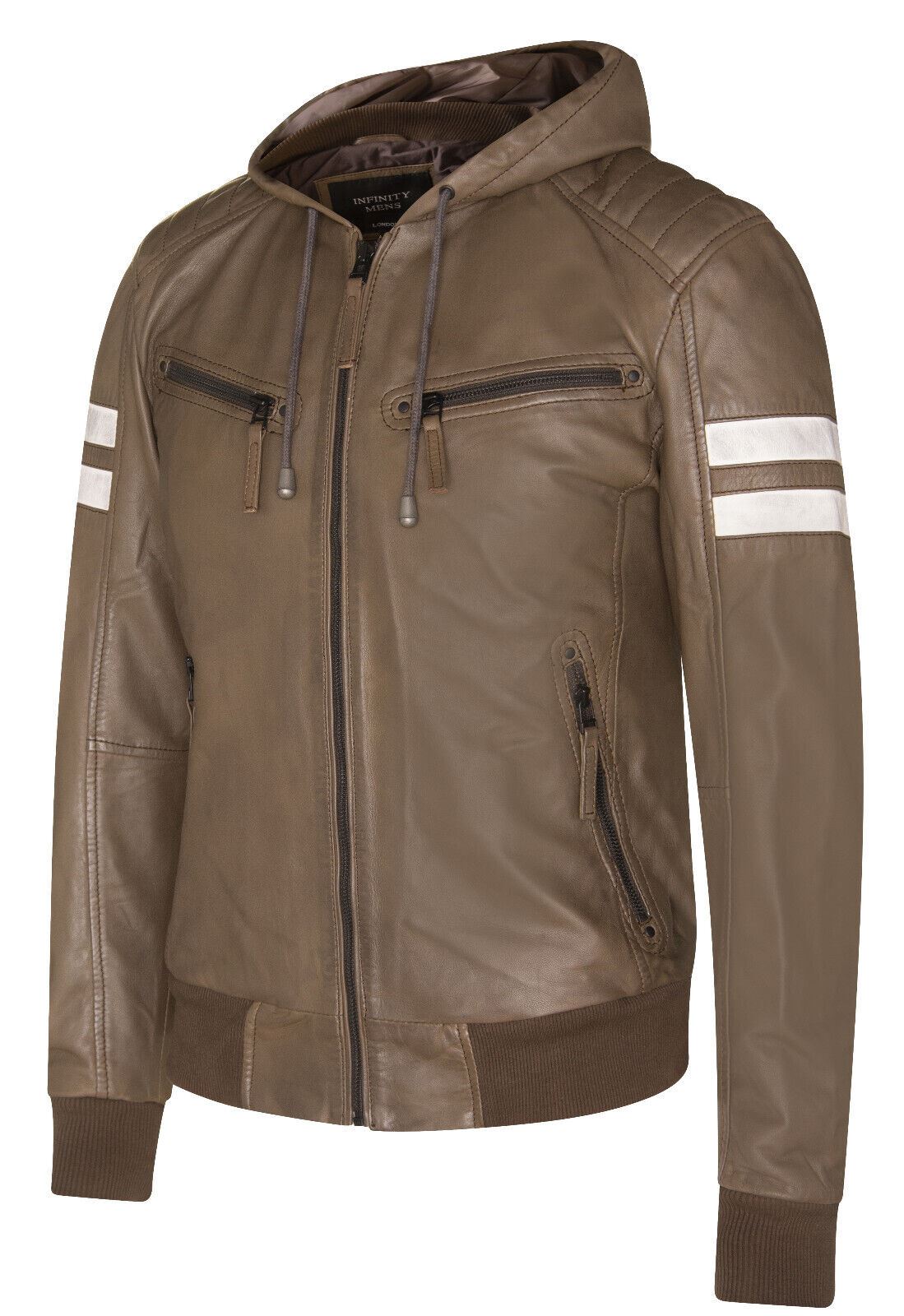 Mens Leather Hooded Bomber Jacket - Cromer