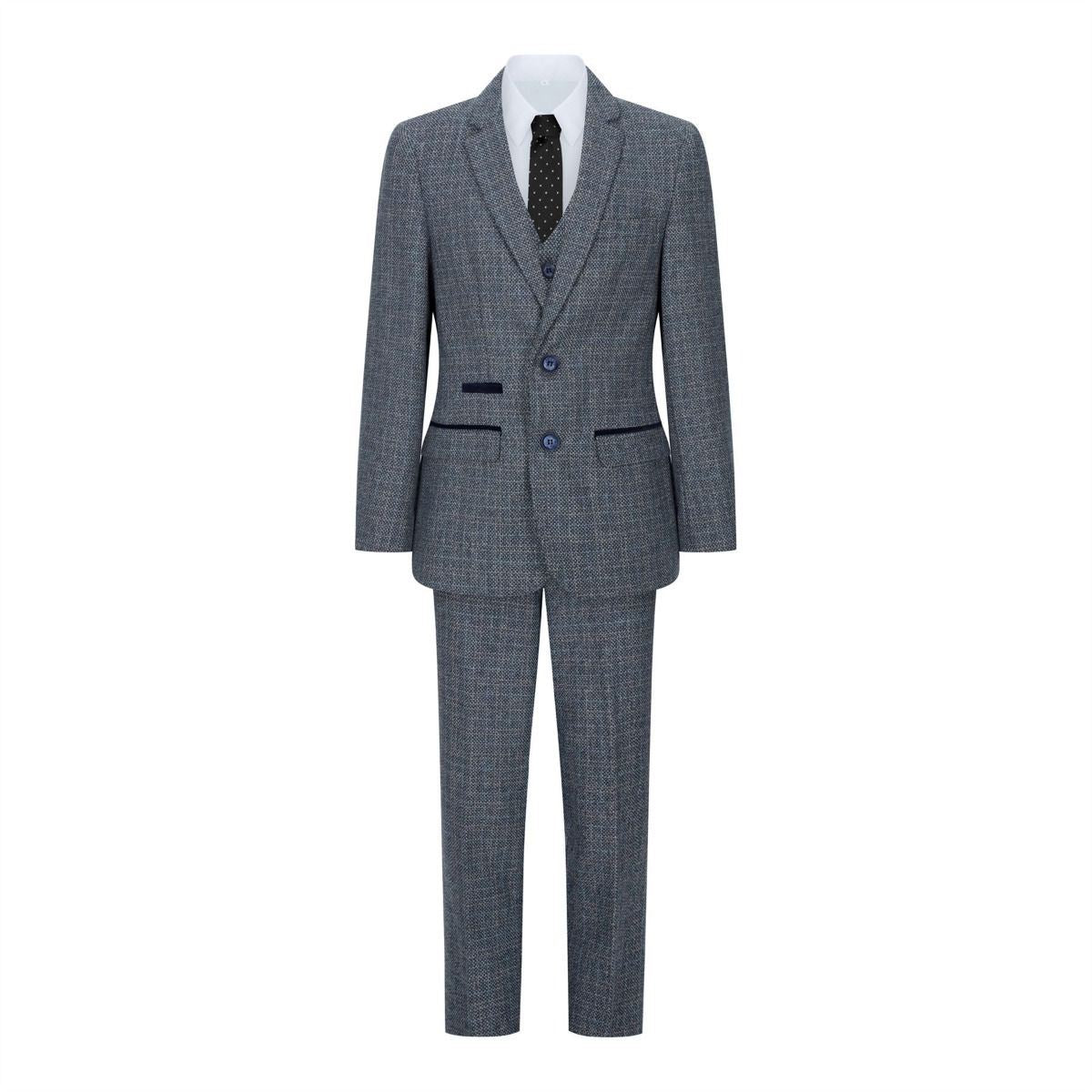 Boys 3 Piece Blue Tweed Check Vintage Retro Suit