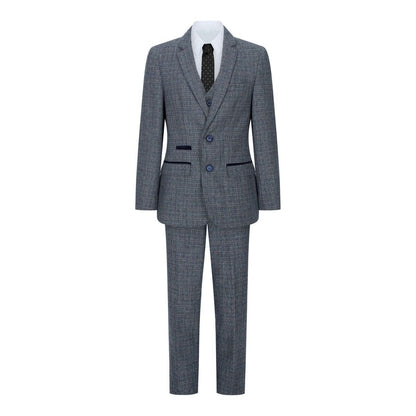 Boys 3 Piece Blue Tweed Check Vintage Retro Suit