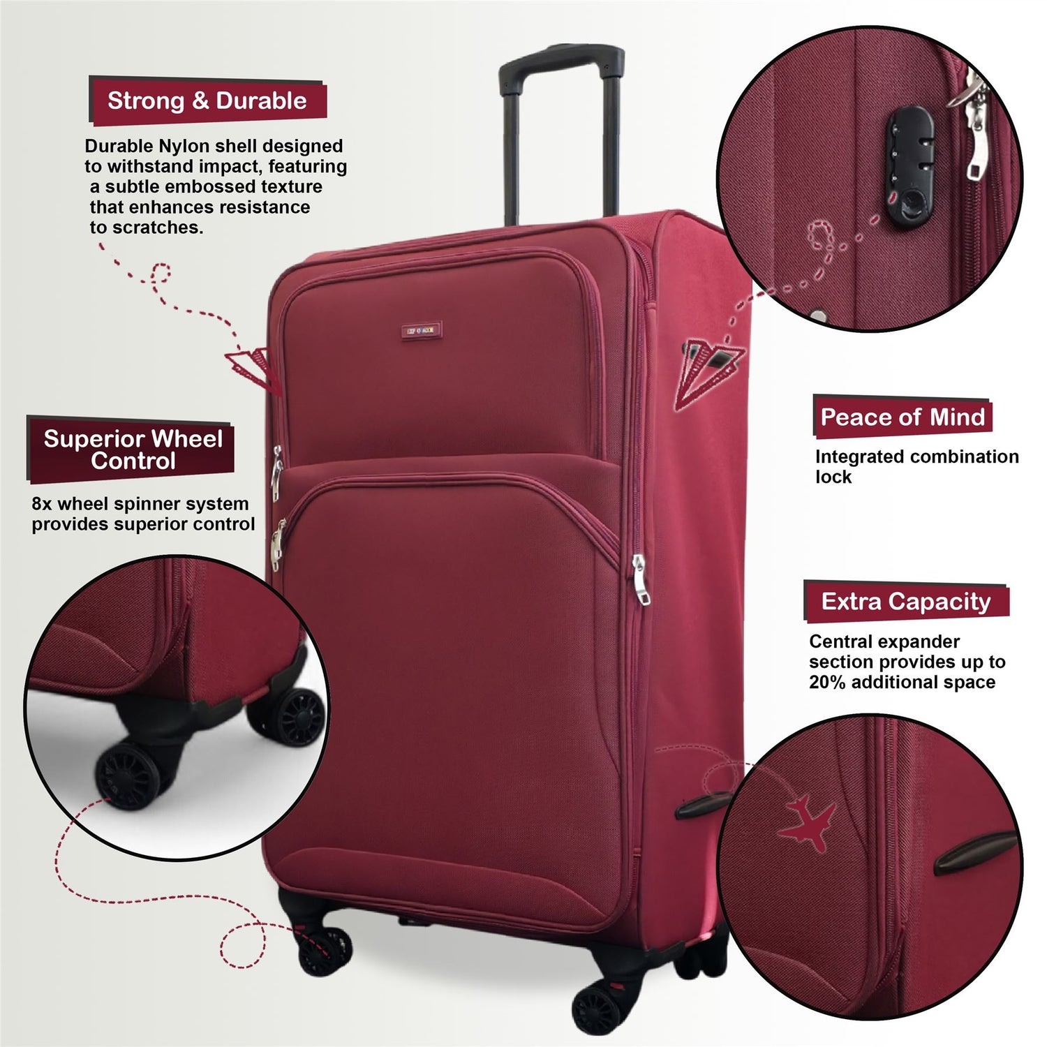 Gosford Set of 3 Soft Shell Suitcase in Burgundy Red