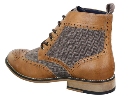 Mens Classic Tweed Oxford Ankle Boots in Tan Leather - Upperclass Fashions 