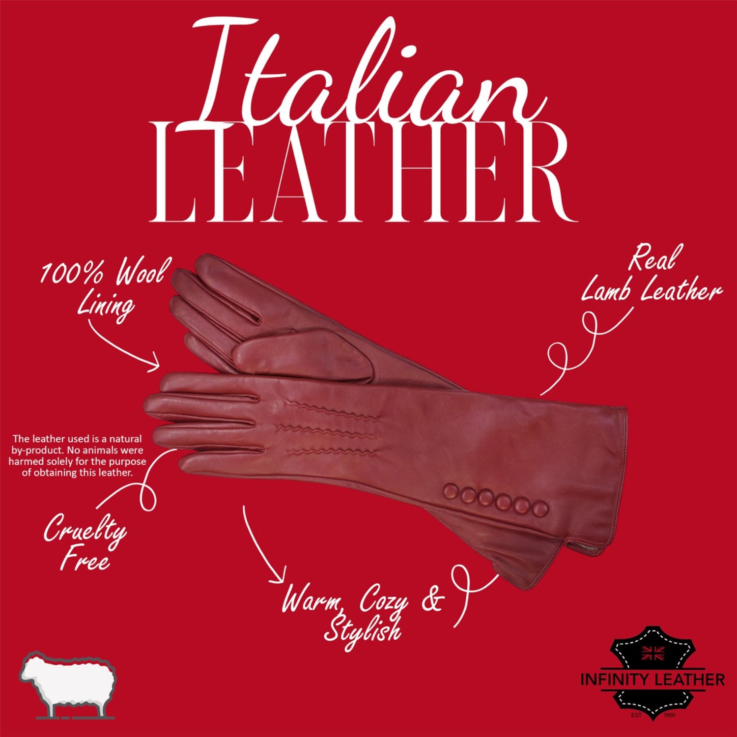 Womens Long Italian Leather Winter Button Design Soft Wool Lining Gloves - L-GLV-201