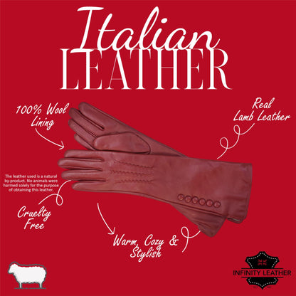Womens Long Italian Leather Winter Button Design Soft Wool Lining Gloves - L-GLV-201