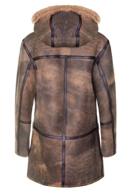 Mens Long Antique Sheepskin Duffle Overcoat-Leyburn