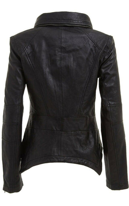 Womens Snap-off collar Leather Biker Jacket-Maidstone - Upperclass Fashions 