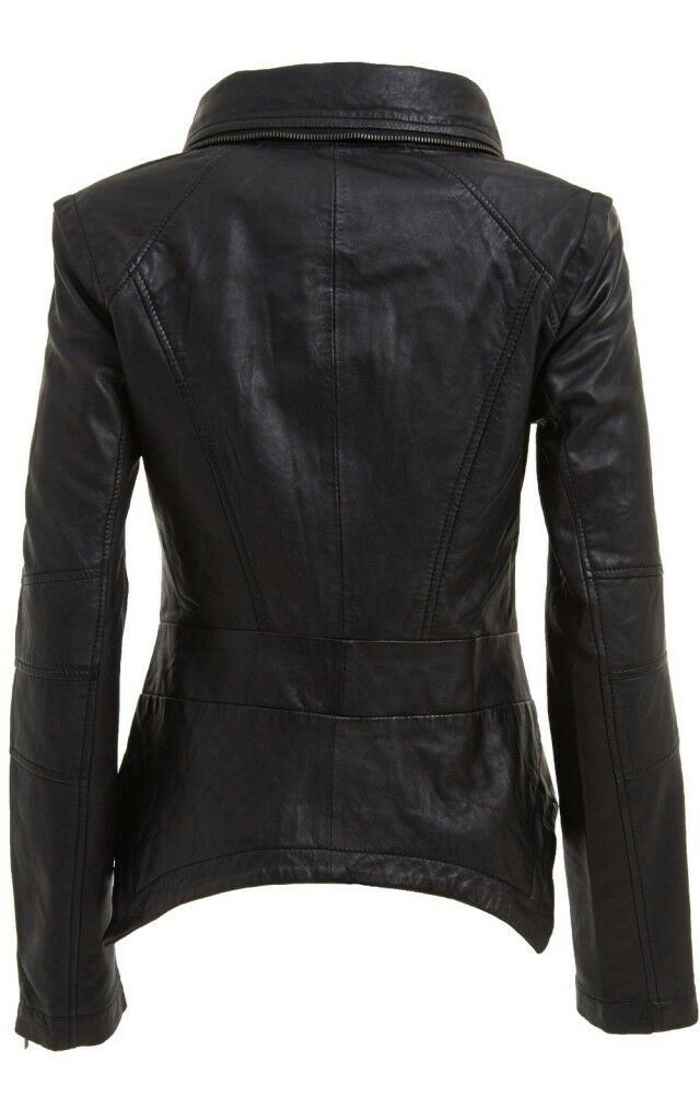 Womens  Snap-off collar Leather Biker Jacket-Maidstone