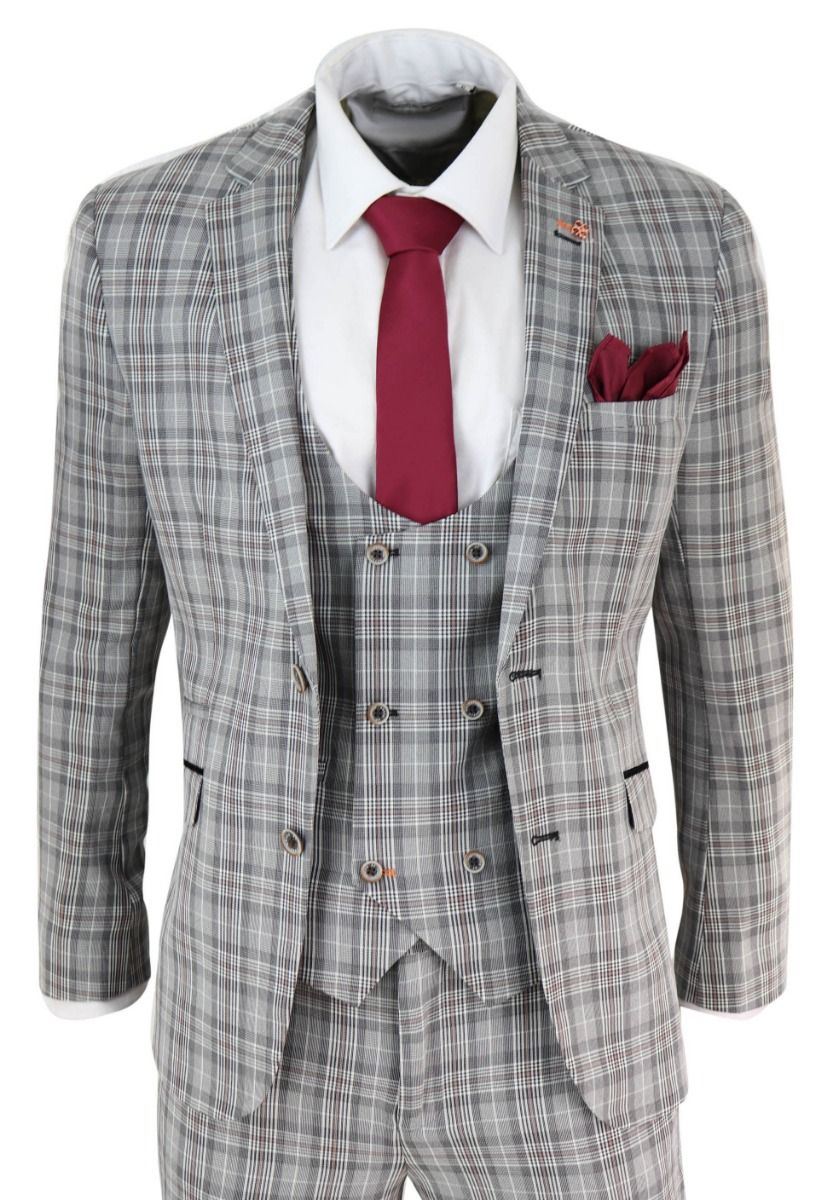 Mens 3 Piece Grey Check Retro Vintage Classic Suit - Upperclass Fashions 