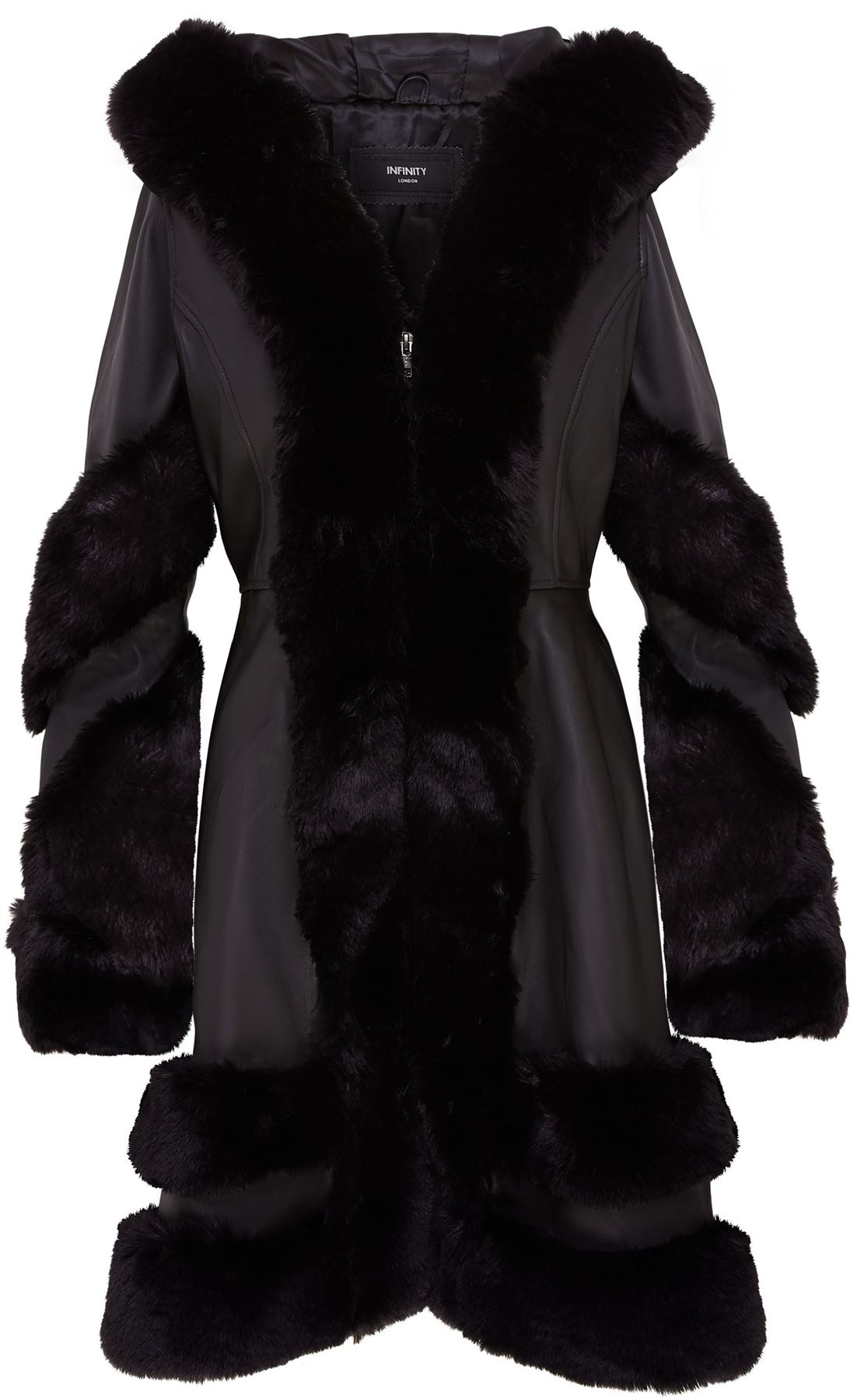 Womens Flared Black Leather Hooded Cape Coat With Fur - Mandal