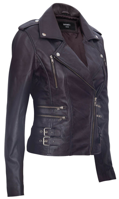 Womens Leather Brando Biker Jacket-Loddon - Upperclass Fashions 