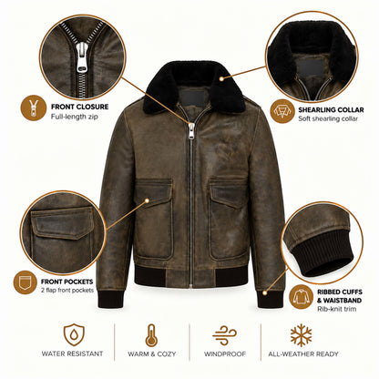 Mens Leather Aviator Bomber Jacket - Lunar