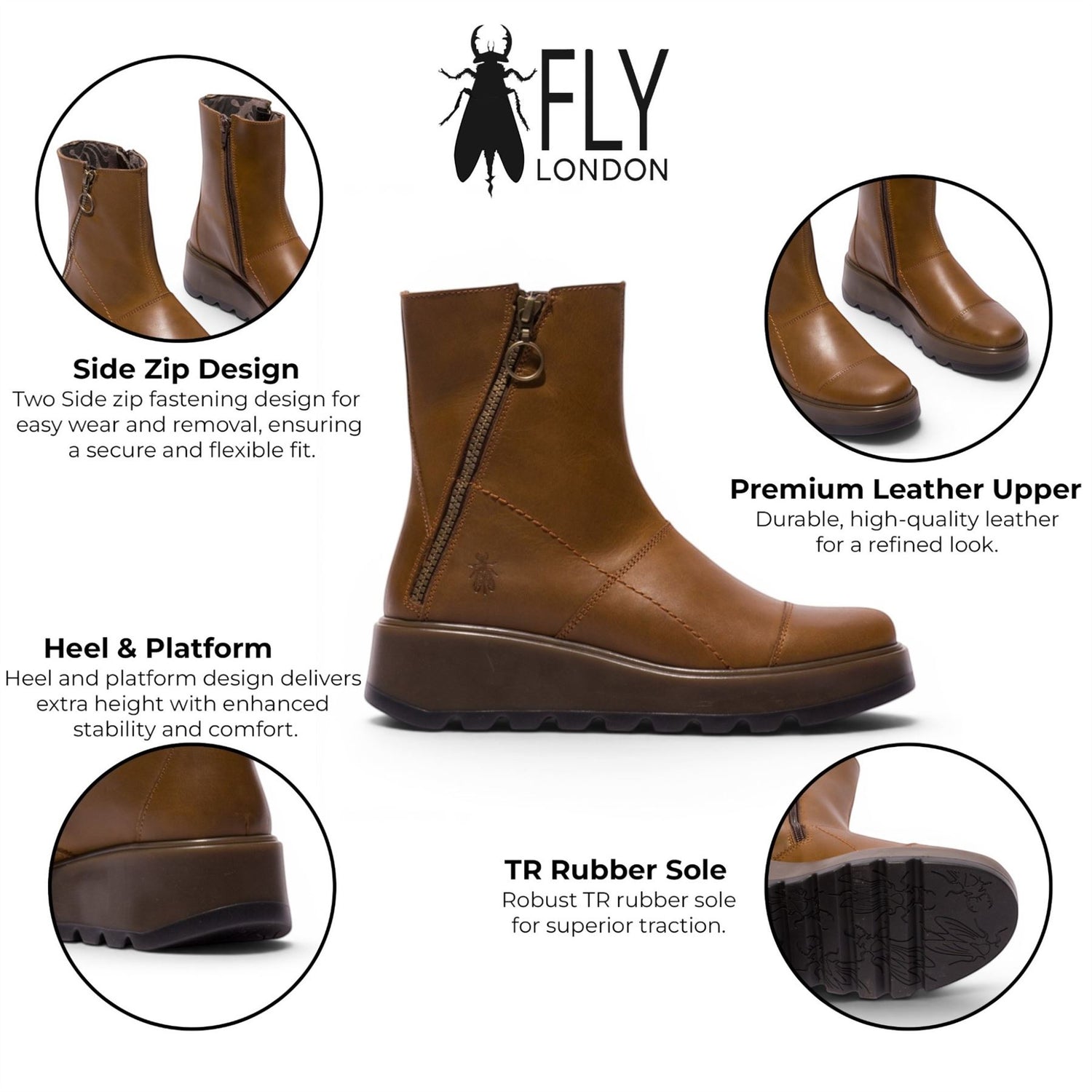 Fly London Women’s Tan Leather Zip-up Platform Ankle Boots - TARP553FLY