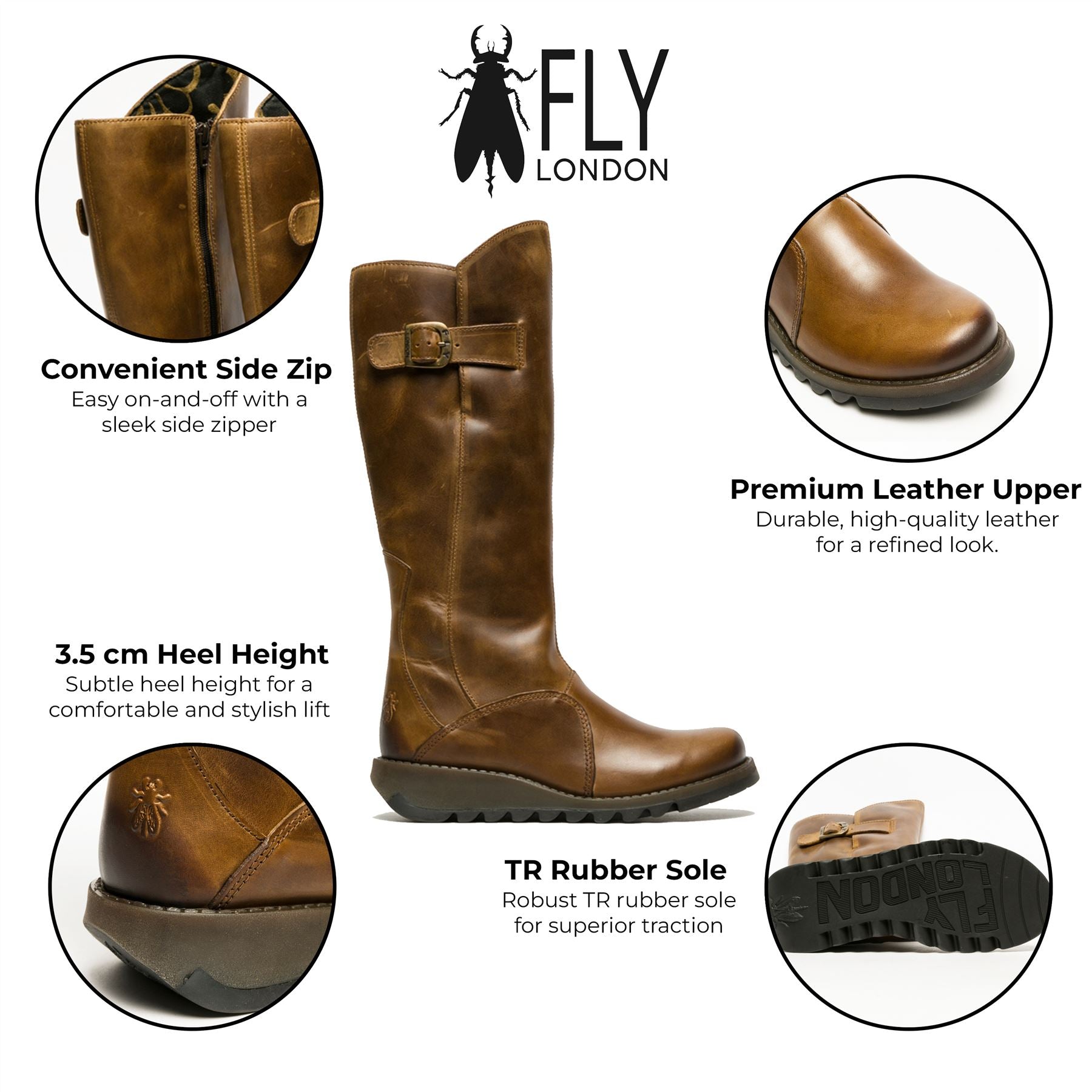 Fly London Womens Camel Brown MOL 2 Leather Wedge Heel Knee High Zip Up Boots