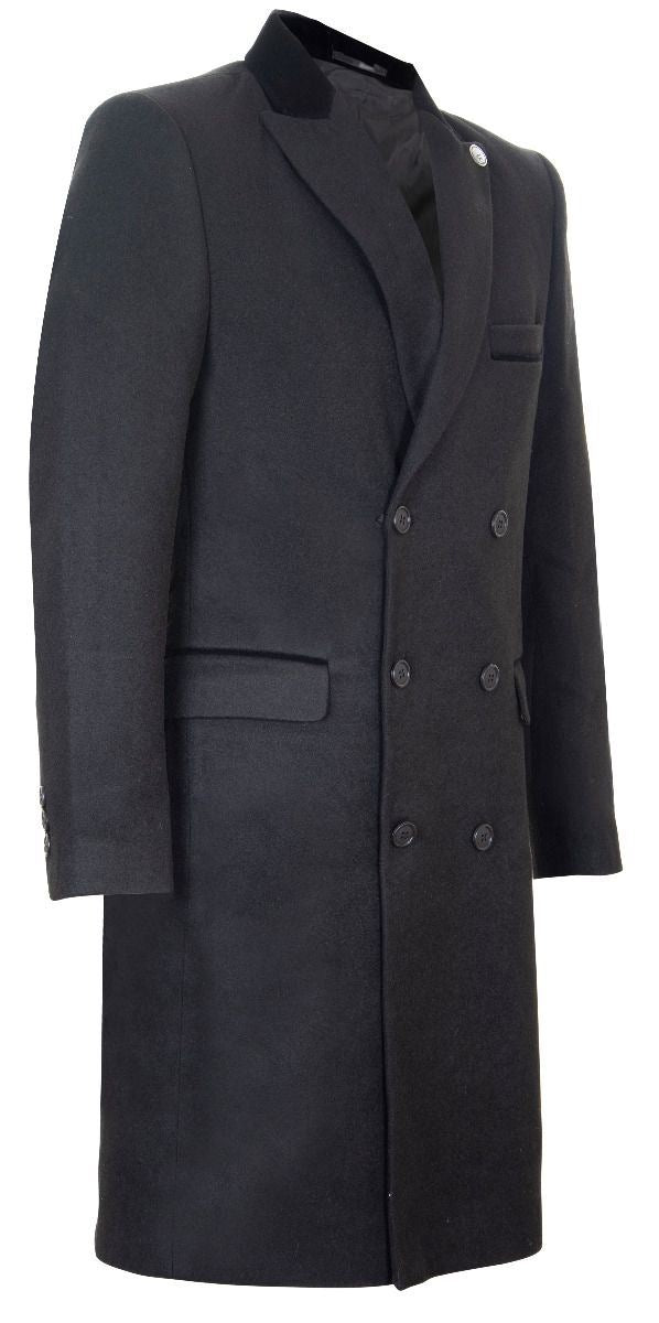 Mens 3/4 Black Long Double Breasted Crombie Overcoat Wool Coat Peaky Blinders