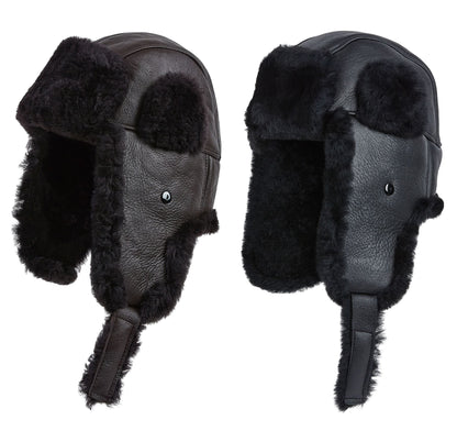 Mens RAF Aviator Sheepskin B-55 Trapper Hat Winter Warm Leather Navigator Hat