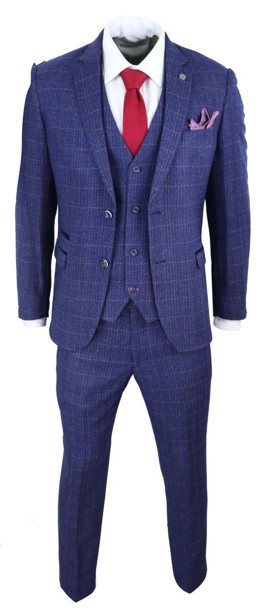 Mens 3 Piece Blue Herringbone Check Vintage Classic Suit