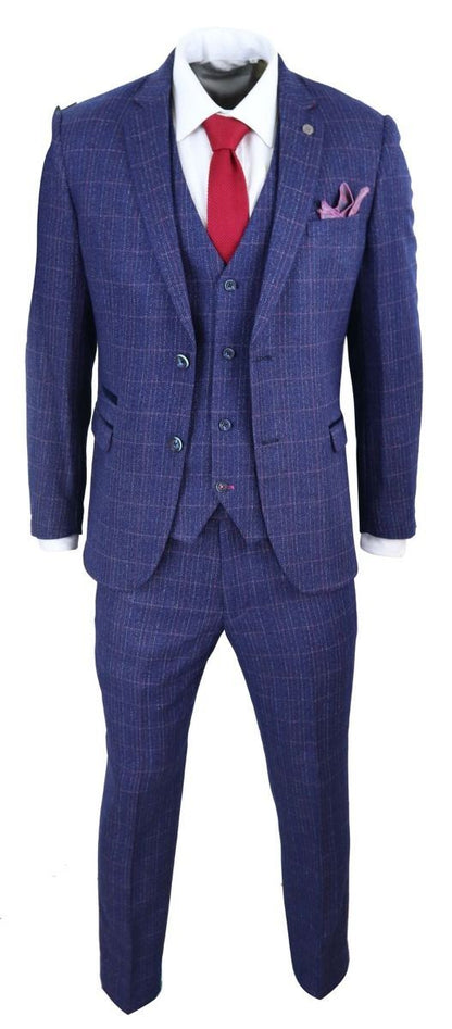 Mens 3 Piece Blue Herringbone Check Vintage Classic Suit - Upperclass Fashions 