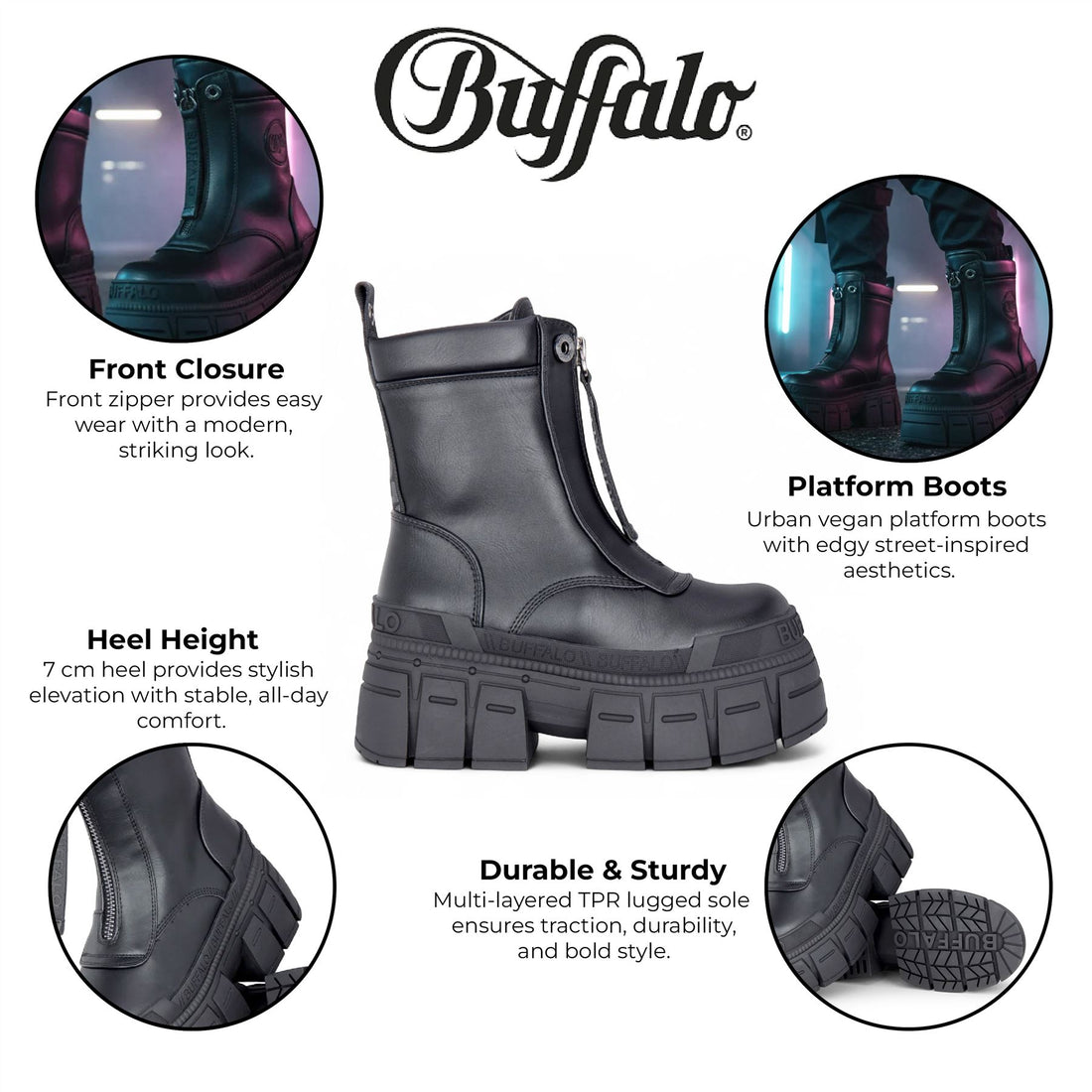 Buffalo Womens Black Chunky Platform Front Zip High Ankle Combat Boots - Gospher