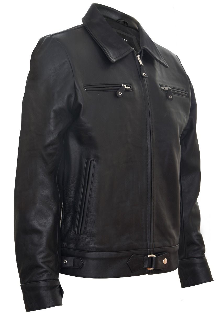 Mens Black Cowhide Leather Harrington Jacket-Skipton