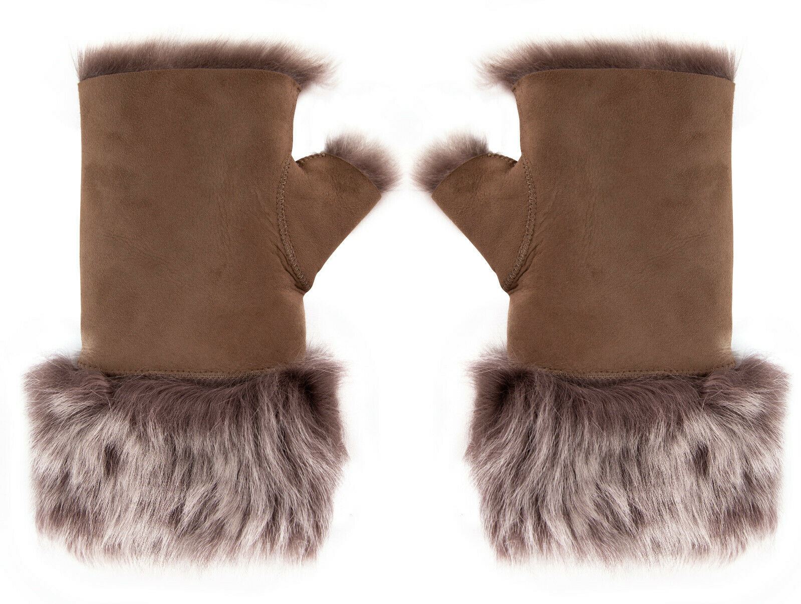 Womens Shearling Mittens Fingerless Cuffs Toscana Suede Sheepskin Fur - Upperclass Fashions 