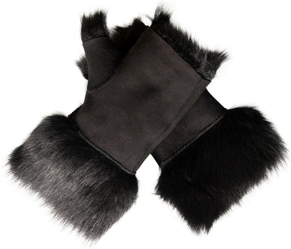 Womens Shearling Mittens Fingerless Cuffs Toscana Suede Sheepskin Fur - Upperclass Fashions 