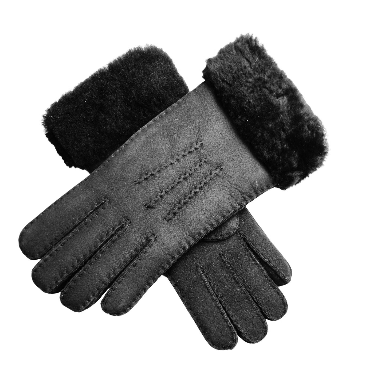 Womens Genuine Sheepskin Suede Gloves with Fur Cuff