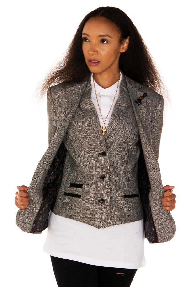 Womens Tweed 1920s Herringbone Light Grey Blazer