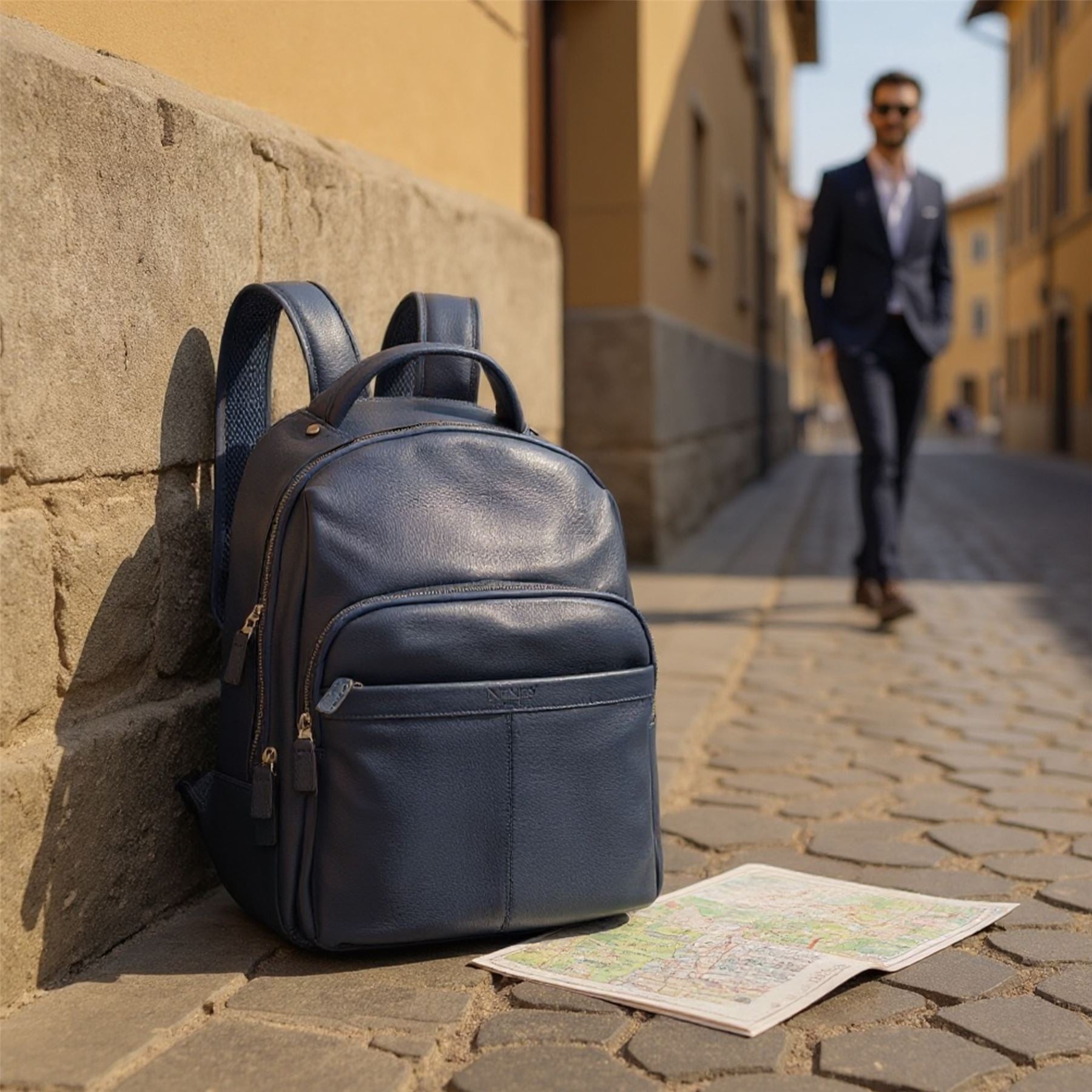 Genuine Leather Navy Blue Vintage Rucksack Laptop Bag Travel Backpack - Capri