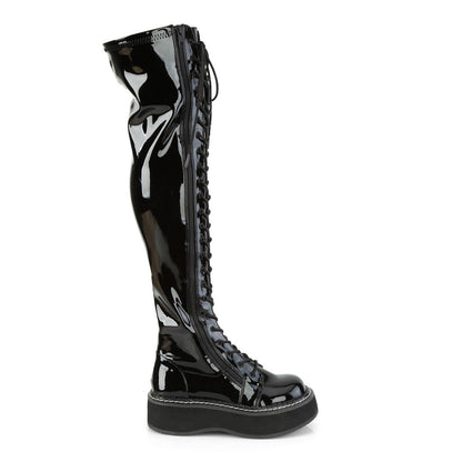 Demonia Emily 375 Black Patent Thigh High Gothic Boots - Upperclass Fashions 