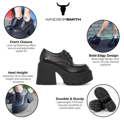 Windsorsmith Womens Black Leather Chunky Platform Lace-Up Shoes - Starcrossed