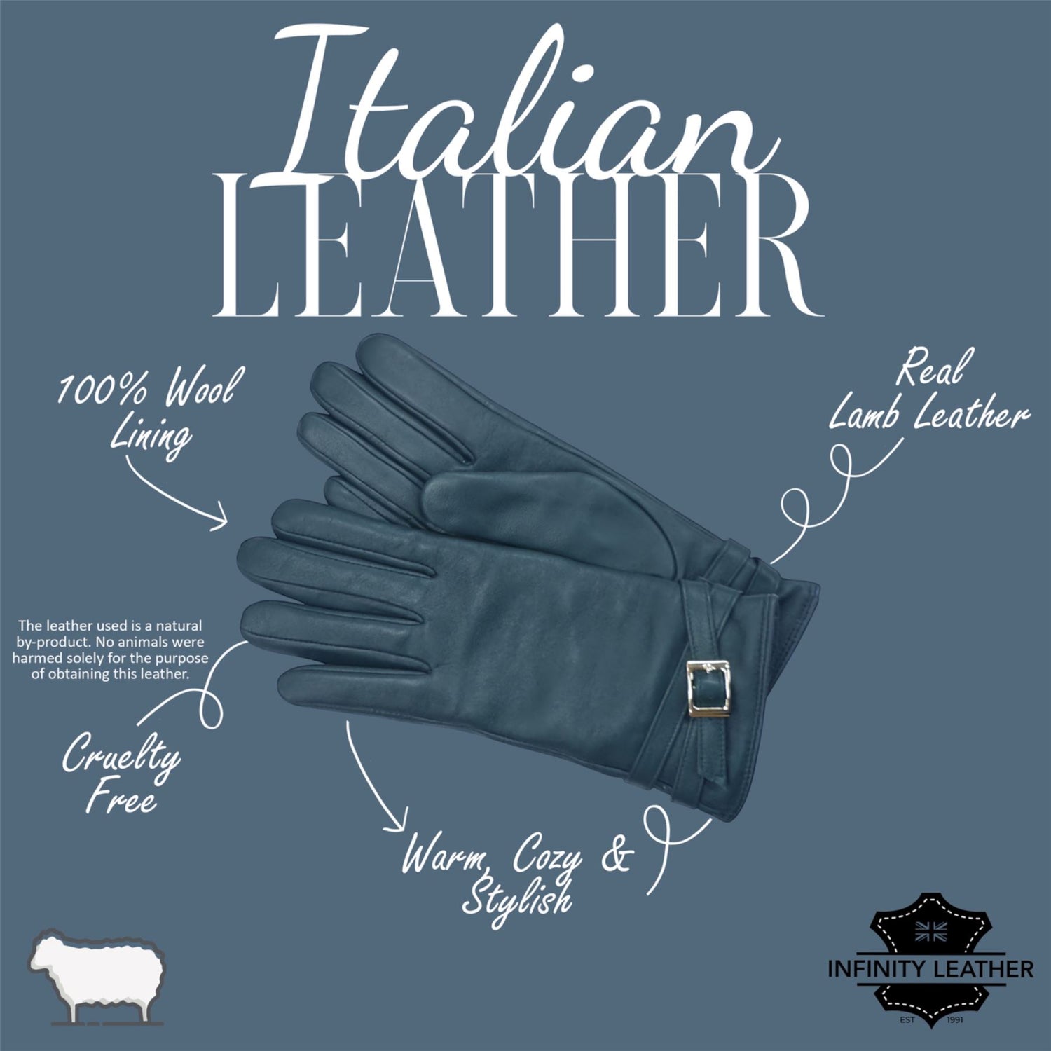 Womens Italian Leather Winter Buckle Soft Wool Lining Gloves - L-GLV-601