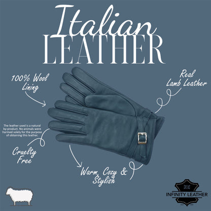 Womens Italian Leather Winter Buckle Soft Wool Lining Gloves - L-GLV-601