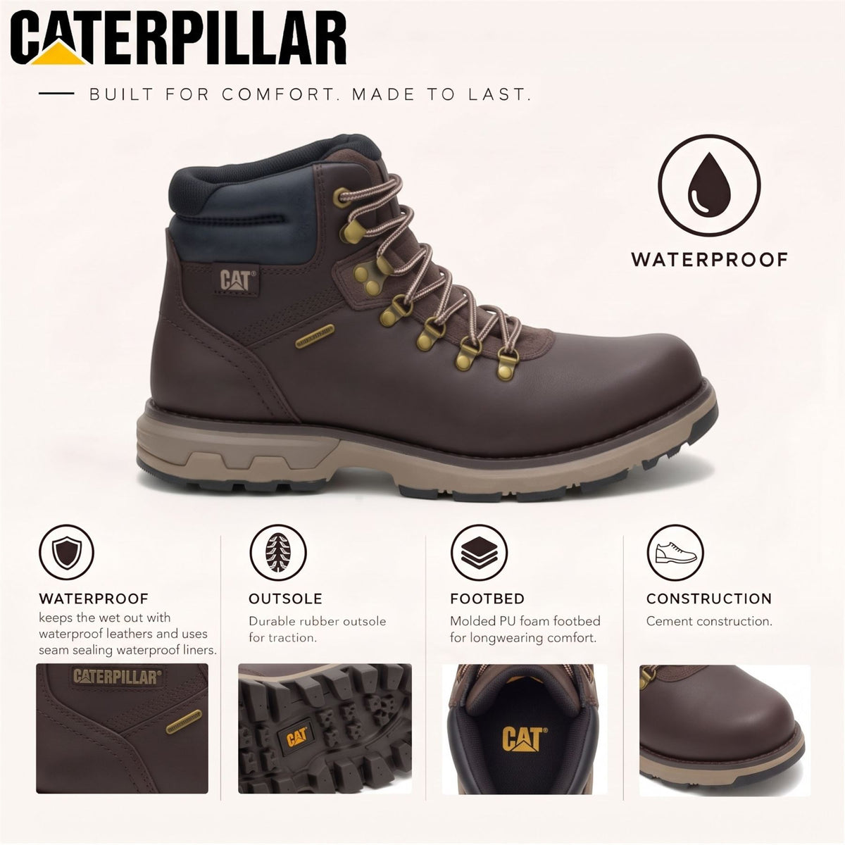 Caterpillar (CAT) Mens Dark Brown Leather Waterproof Lace Up Boots - Pursue Hiker