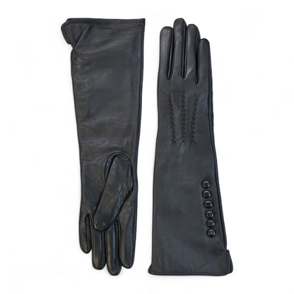 Womens Long Italian Leather Winter Button Design Soft Wool Lining Gloves - L-GLV-201