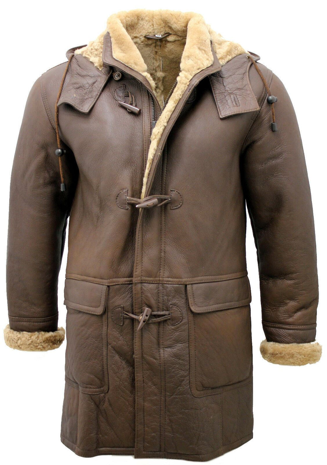 Mens Brown Sheepskin Leather Hooded Duffle Coat-Leatherhead
