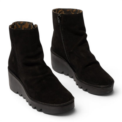 Fly London Women’s Black Suede Leather Wedge Heel Platform Ankle Boots - BAAN538