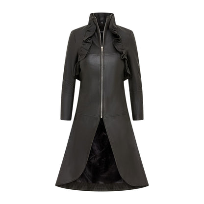 Womens Goth Leather High Collar Victorian Flare Tailcoat - Challa