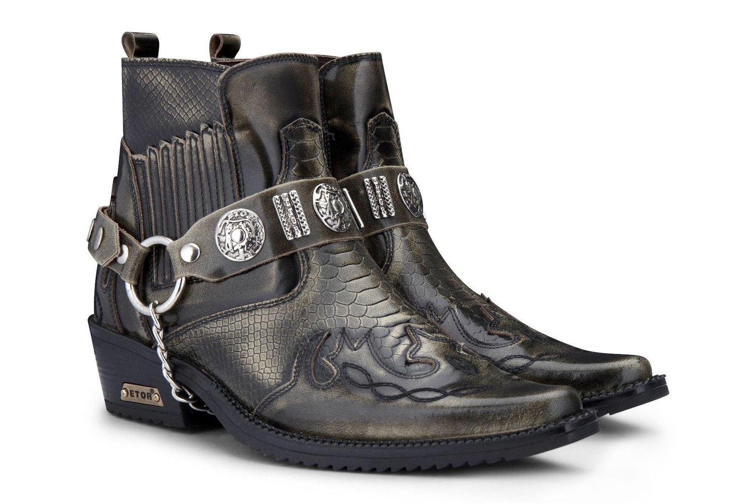 Mens Olive Snakeskin Winklepicker Cowboy Leather Ankle Boots