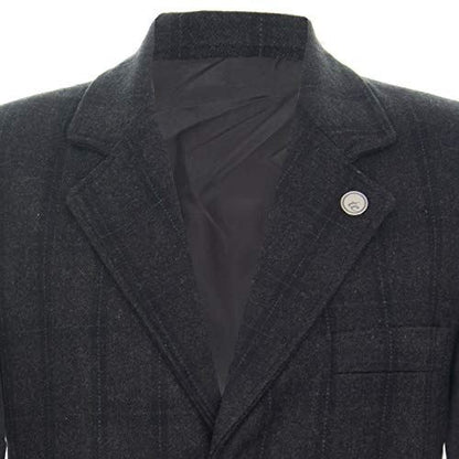 Mens 3/4 Long Wool Black Check Crombie Overcoat Jacket Blinders Trench Slim Fit Coat