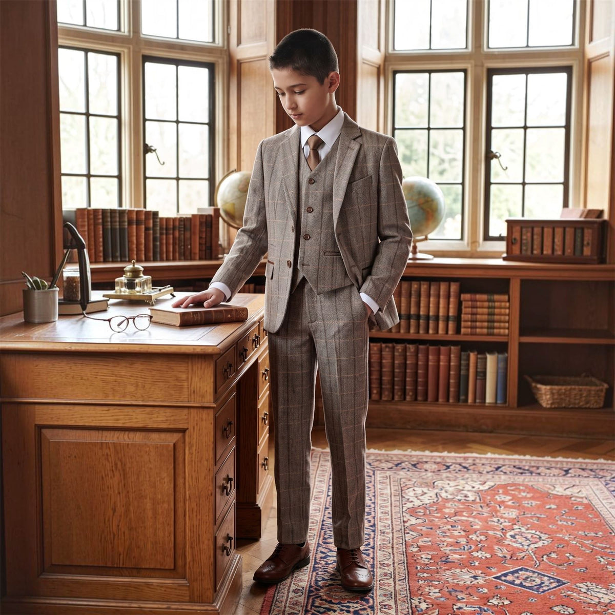 Boys Brown Tailored Fit Tweed 3 Piece Formal Suit - Harris