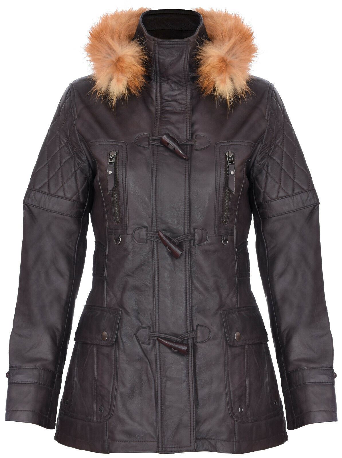 Womens Quilted Leather Hooded Parka Jacket-Northampton