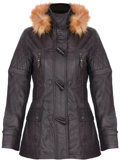 Womens Quilted Leather Hooded Parka Jacket-Northampton