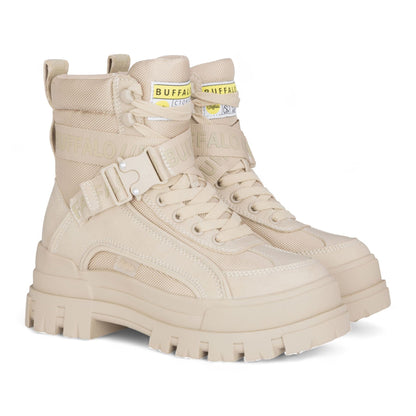 Buffalo Womens Beige Chunky Platform High Ankle Combat Boots - ASPHA-COM1