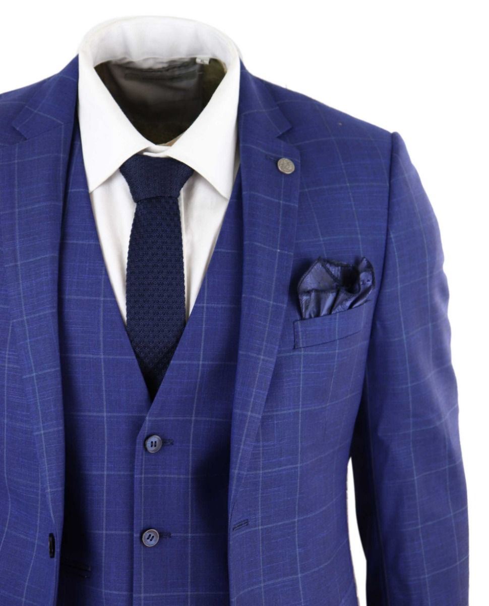 Mens 3 Piece Royal Blue Check Vintage Retro Suit - Upperclass Fashions 