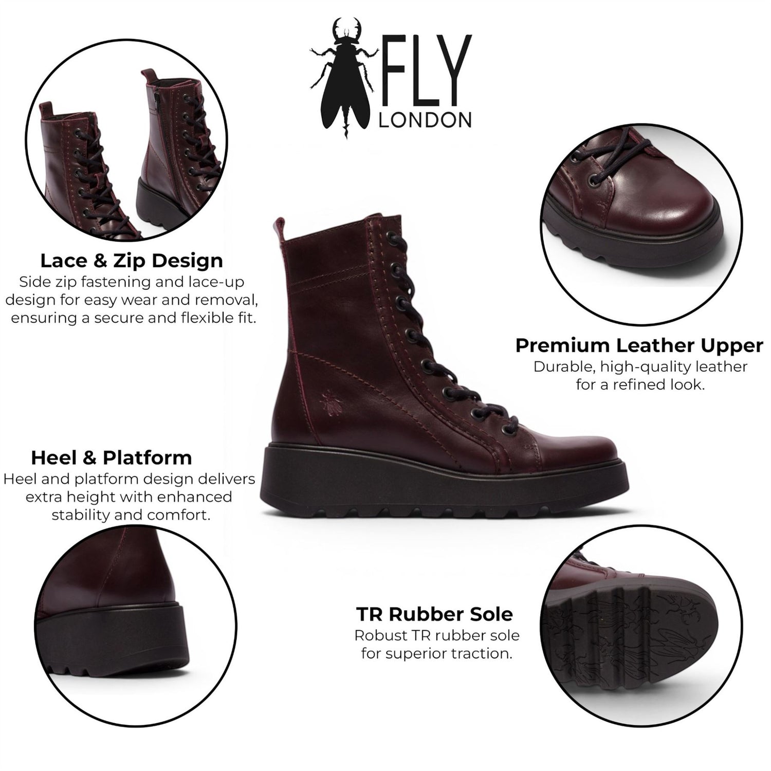 Fly London Womens Wine Leather Lace-Up Wedge Heel Combat Boots - TERY554