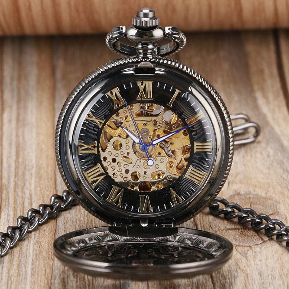 Vintage Black Alloy Mechanical Skeleton Brass Pocket Watch