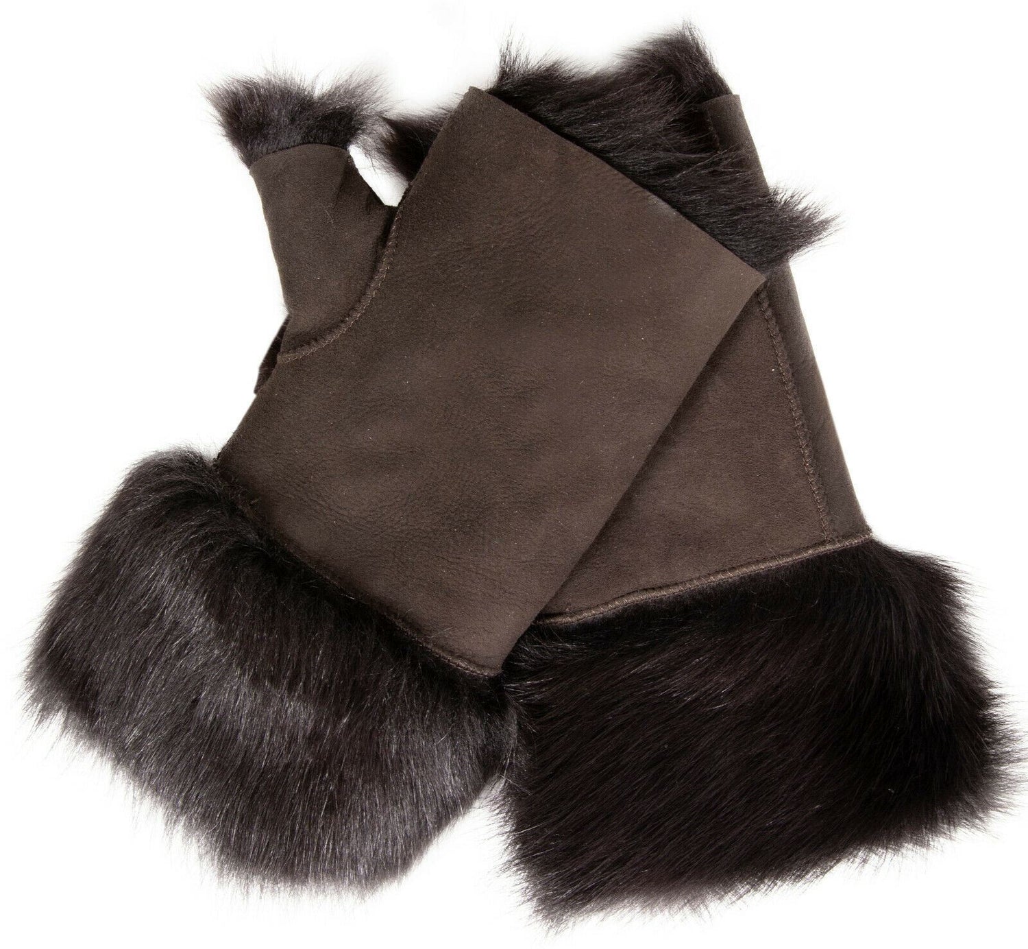 Womens Shearling Mittens Fingerless Cuffs Toscana Suede Sheepskin Fur - Upperclass Fashions 