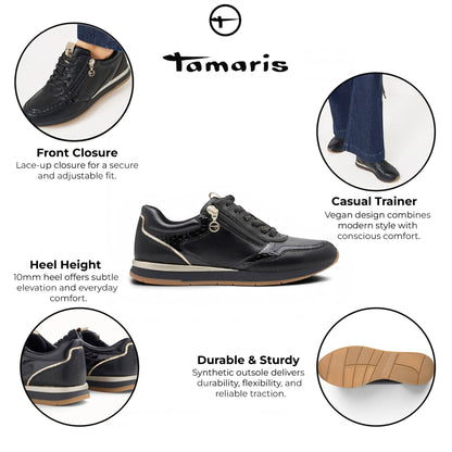 Tamaris Womens Black Faux Leather Fashion Lace Up Sneakers - 23613-46